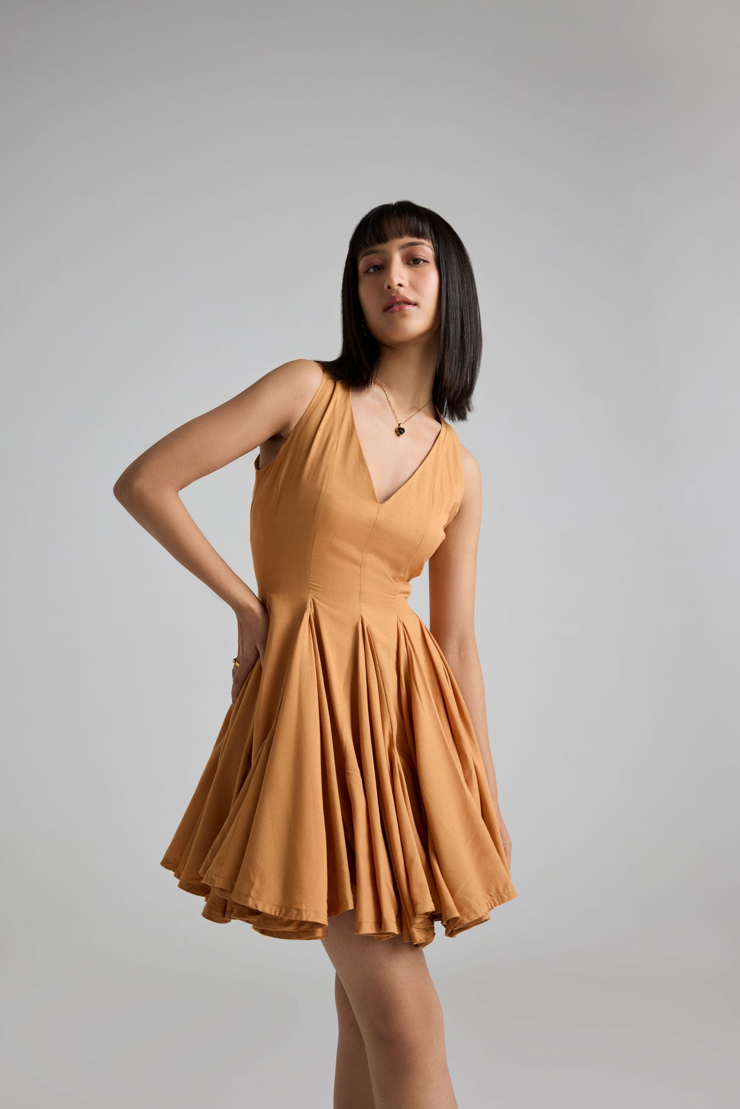 Plunge Neck Dress with Godets