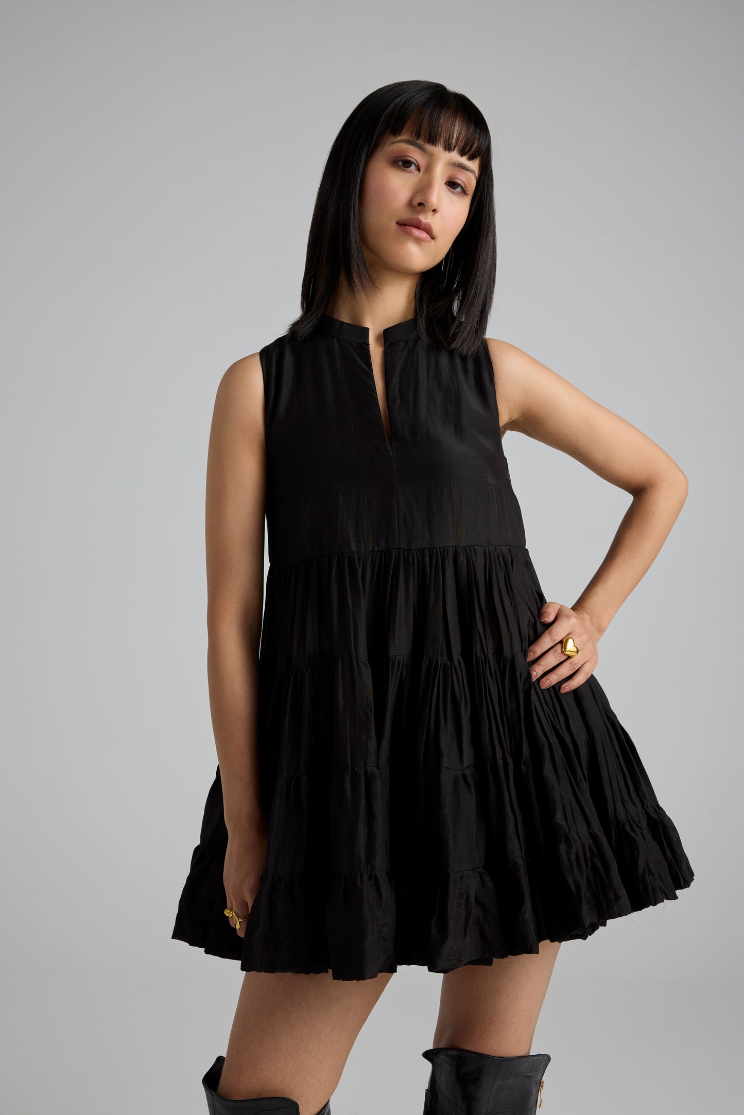 Black Step Gather Dress