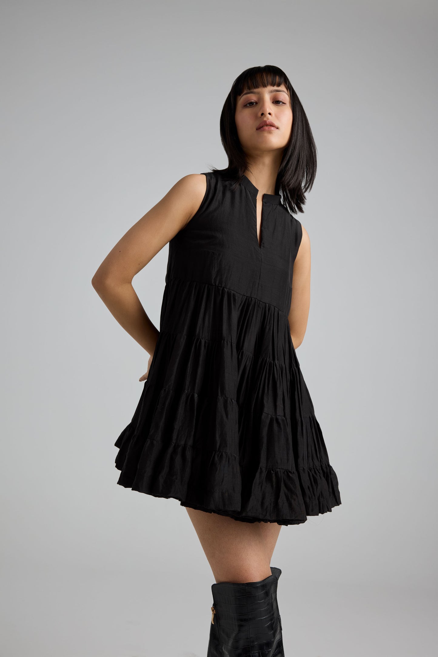 Black Step Gather Dress