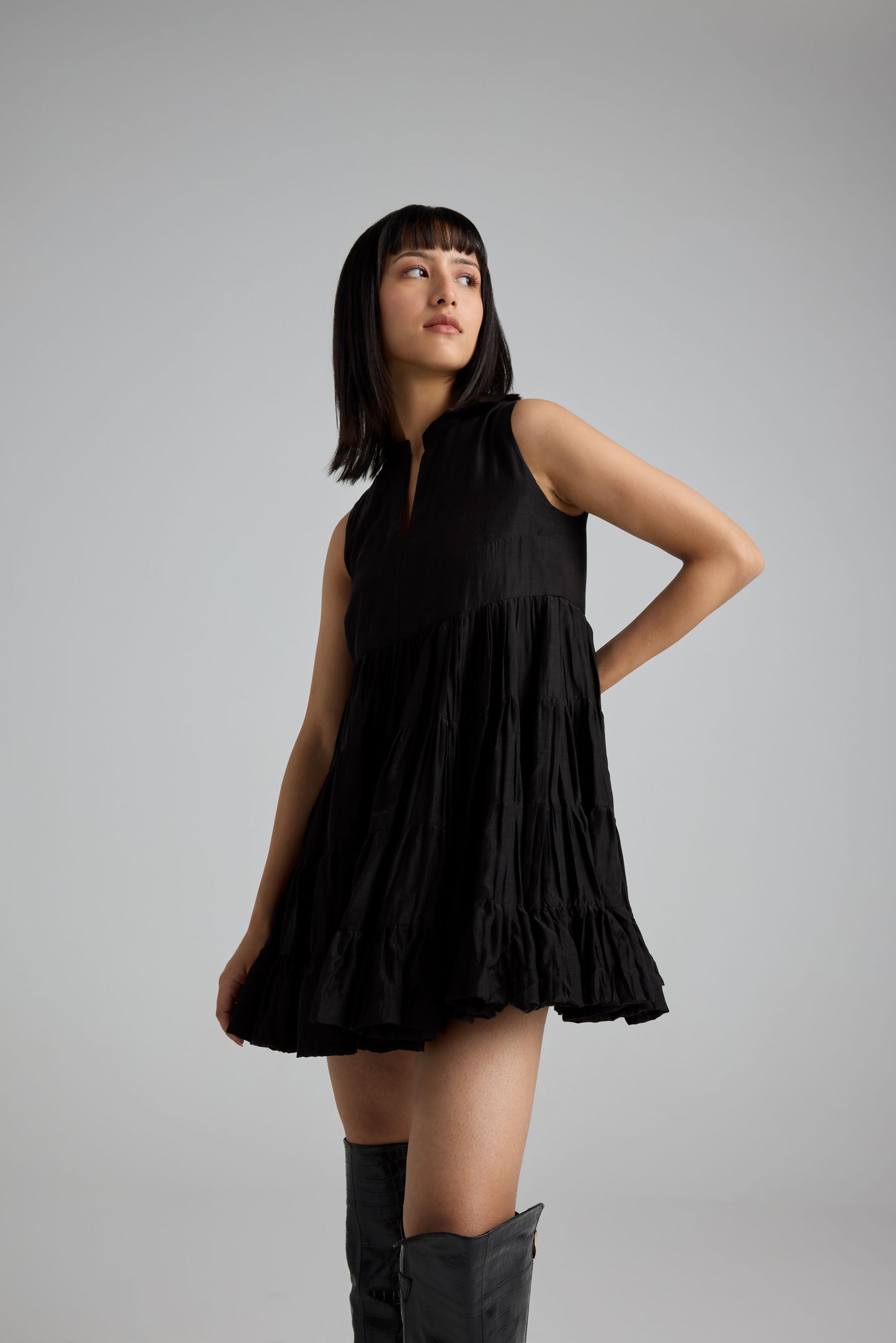 Black Step Gather Dress