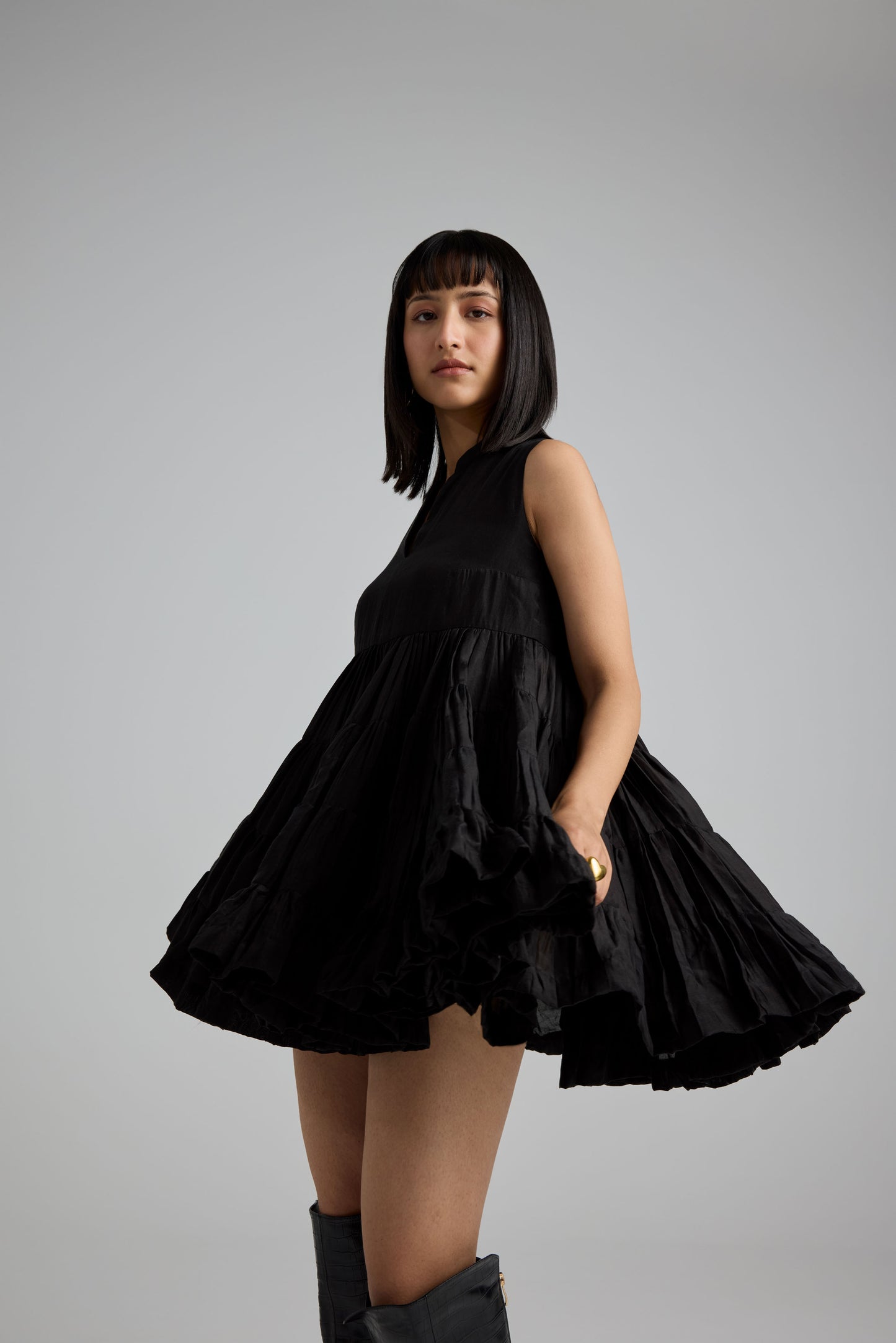 Black Step Gather Dress