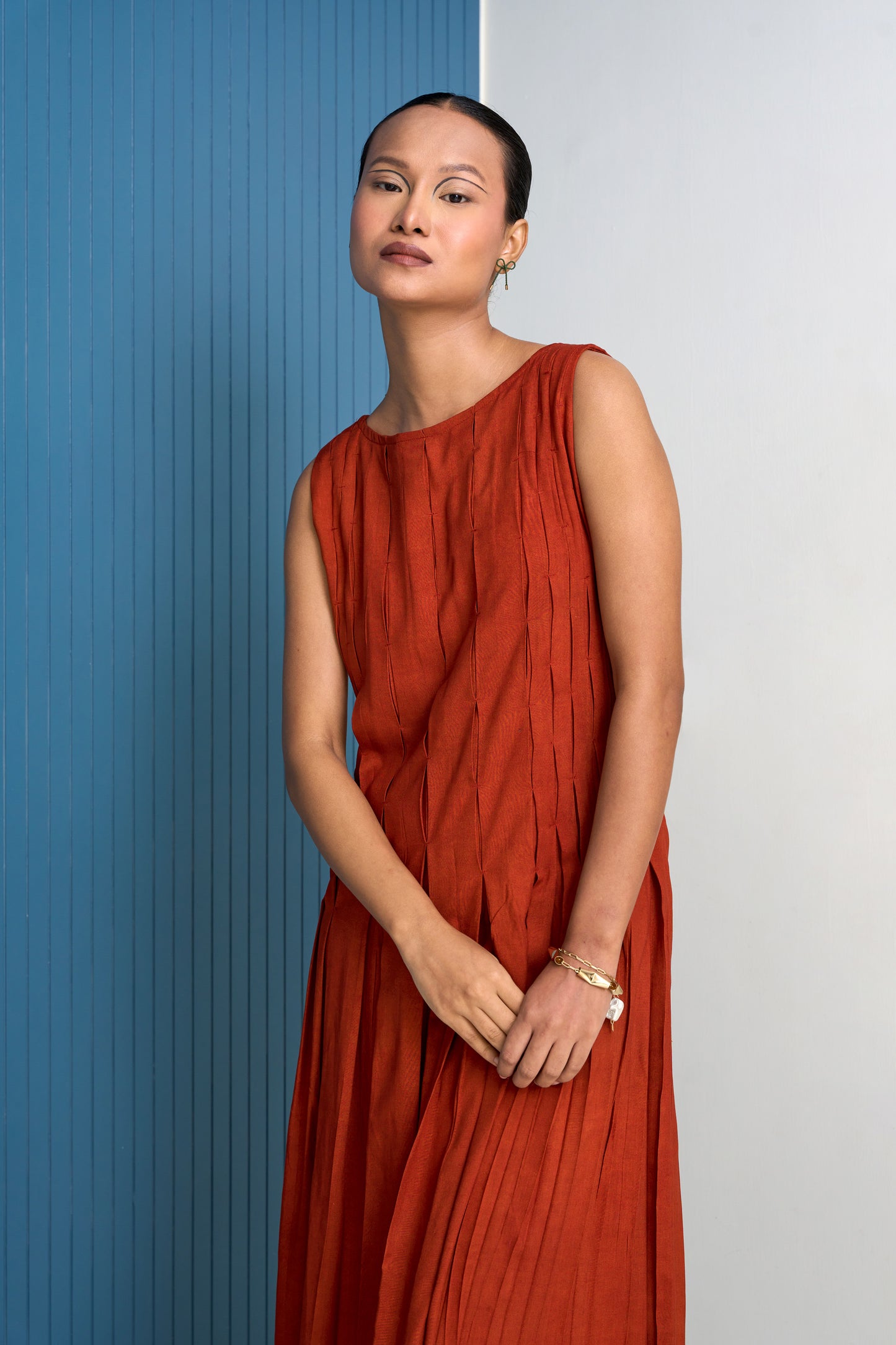 Terra-Cotta Pleated Dress