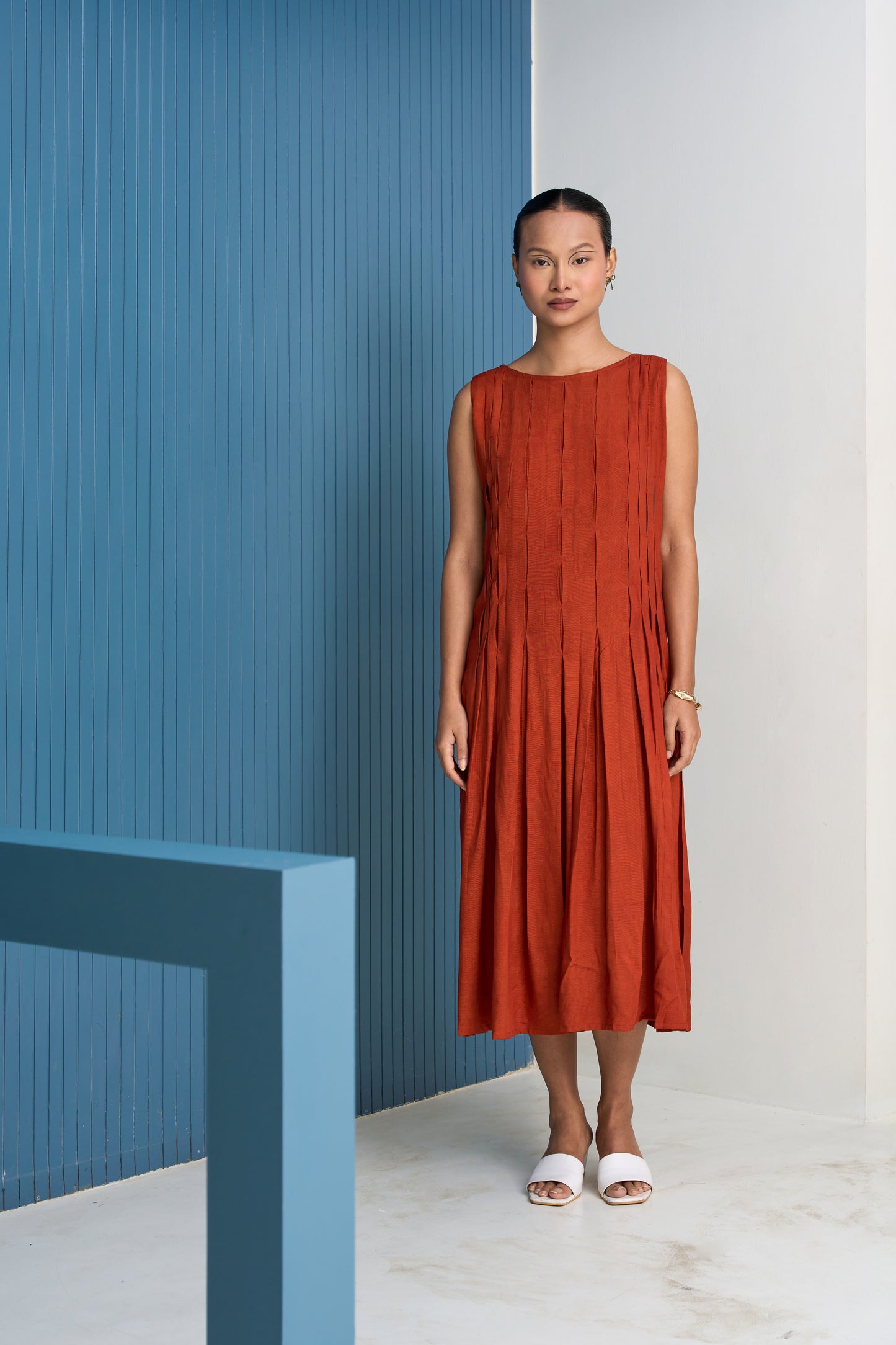 Terra-Cotta Pleated Dress