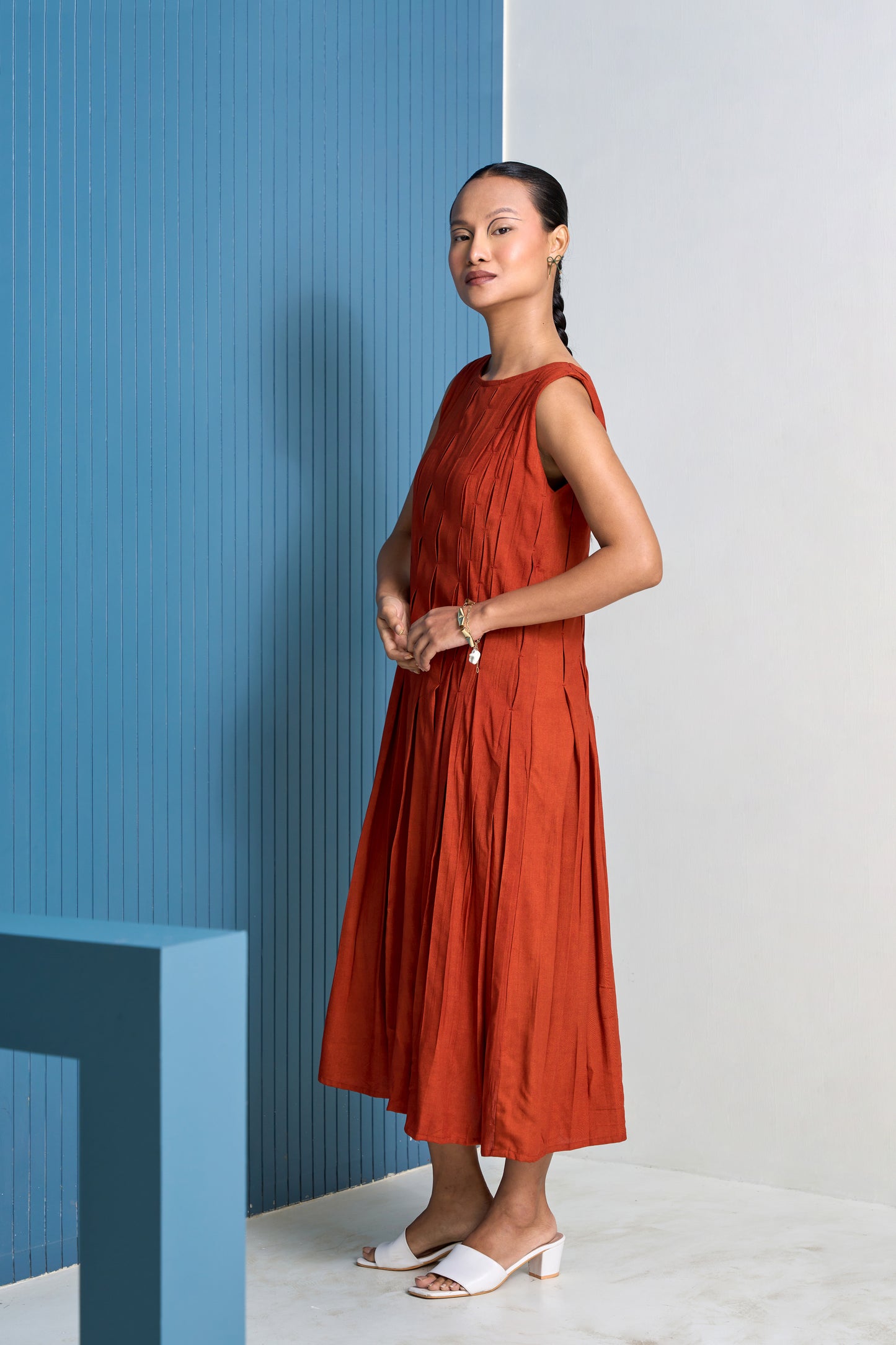 Terra-Cotta Pleated Dress