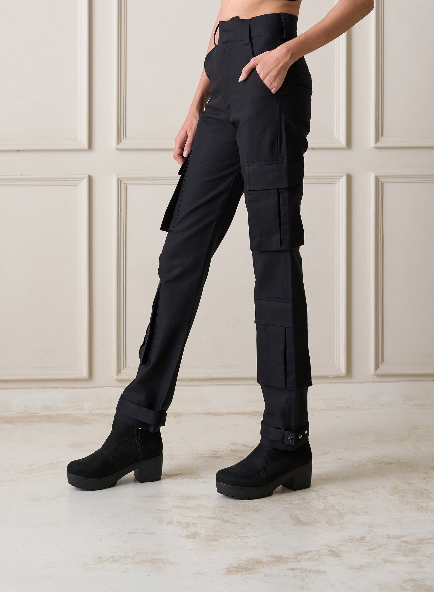 Black Cargo Pants with Hem Belt